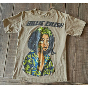 Billie Eilish Tour T Shirt XS Tan Colorful Anime Portrait Cotton Crew Tee